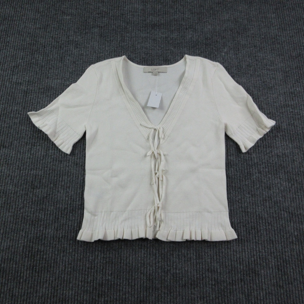 LOFT Cardigan Womens M White Ruffle Tie Front Short Sleeve Ribbed Collarless NWT